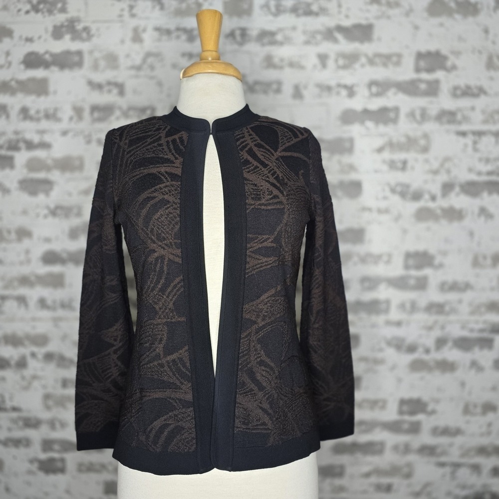 Exclusively Misook Jacket Blazer Womens Petite XS Black Brown Long Sleeve Knit